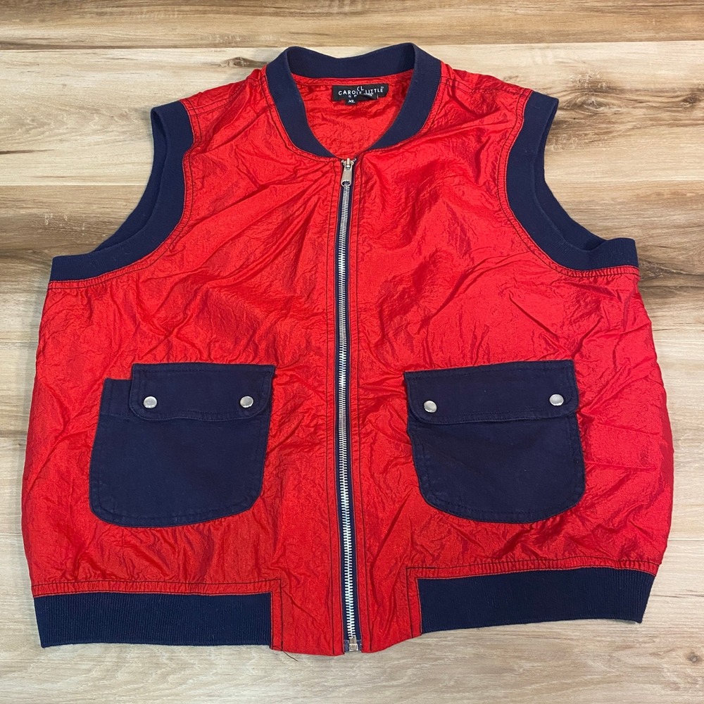 Carole Little Sport Red Navy Blue Bomber Vest XL Nylon Zip Pockets USA Made 90s